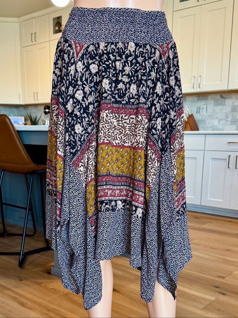 Hazel Boho Fairycore Whimsigoth Handkerchief Hem Patchwork Midi Skirt Medium